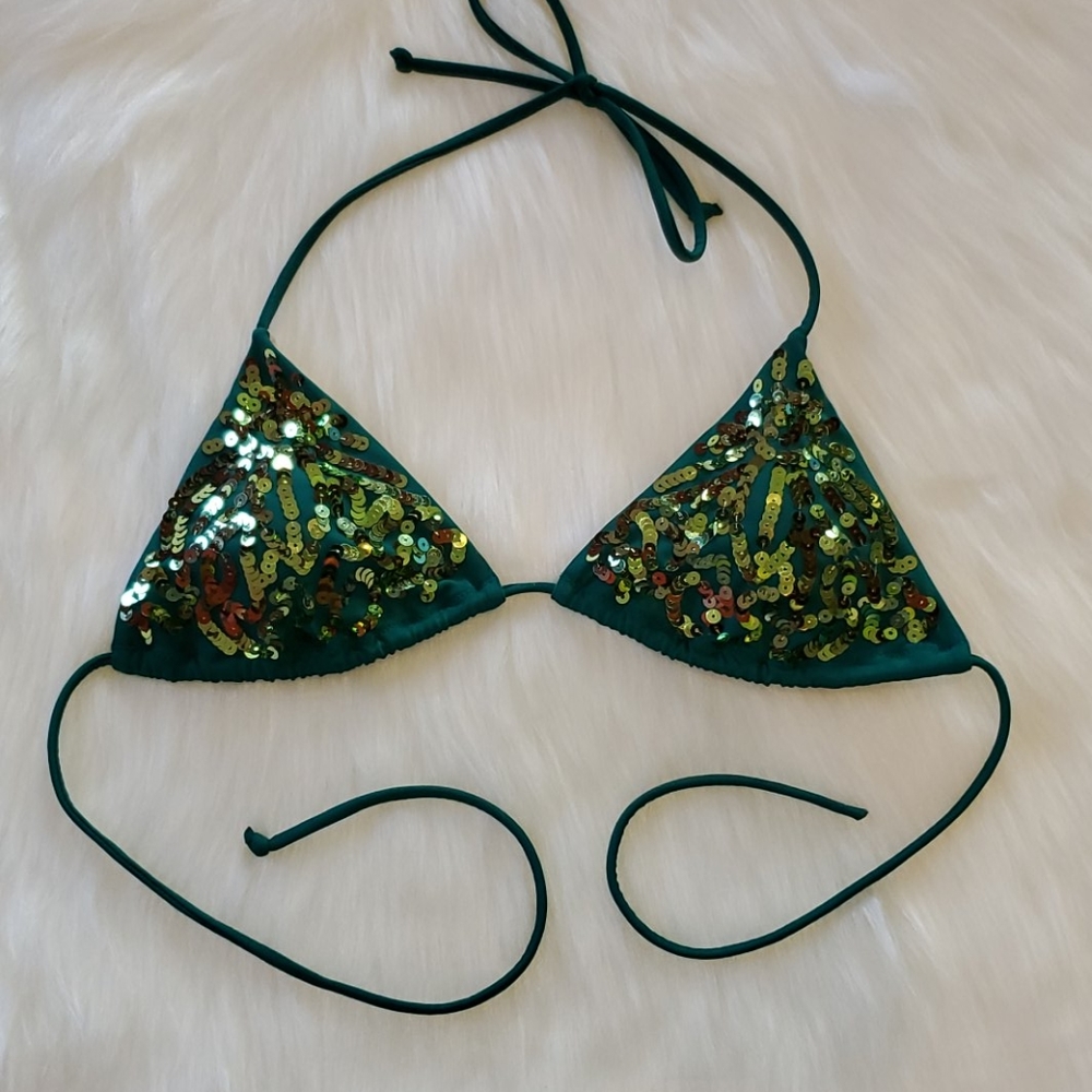 VS green sequin triangle string bikini top